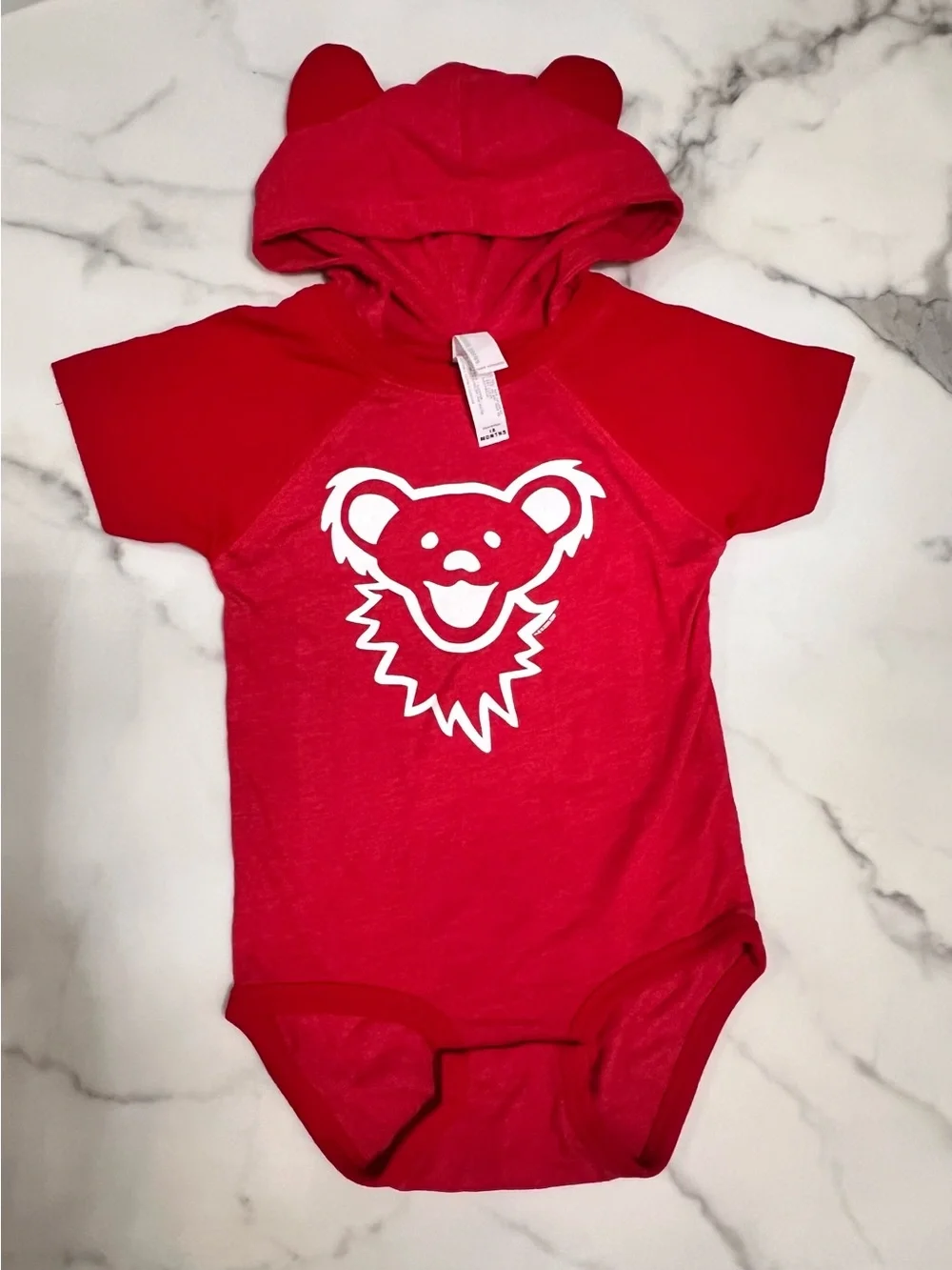 Rabbit Skins Grateful Dead Dancing Bear Face Hooded Baby One Piece Red 18 Months